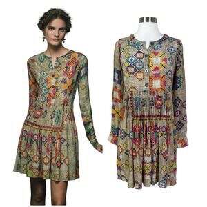 Anthropologie | Silk Hemant & Nandita Pintucked Prima Geometric Print Mini Dress